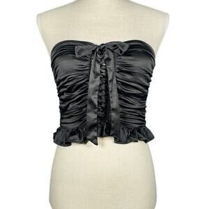 American Threads Corset Top Women's Small Black Ruffled Bow Satin Boho Flirty